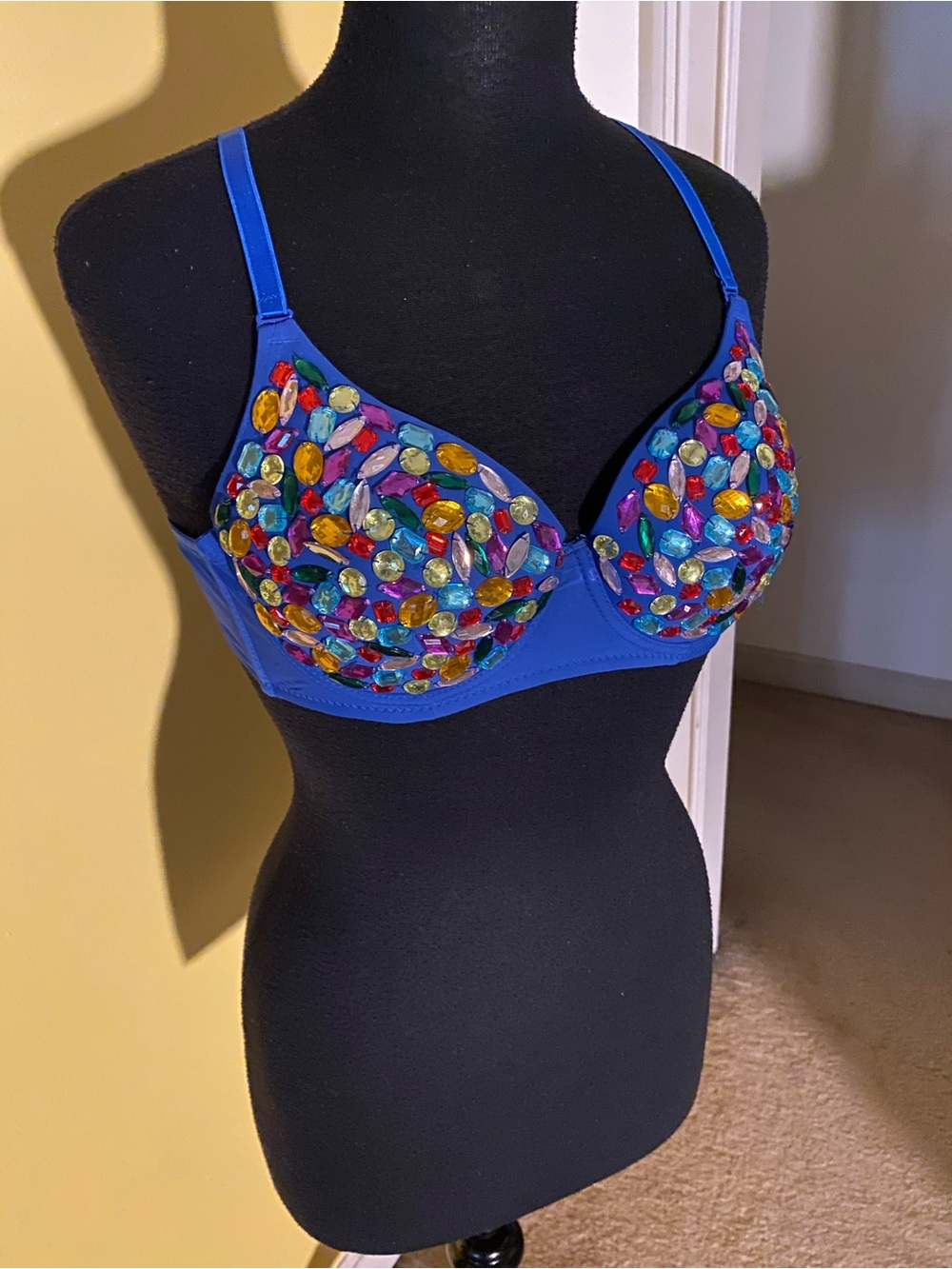 Blue Embellished Push-Up Bra with Multicolor Gems
